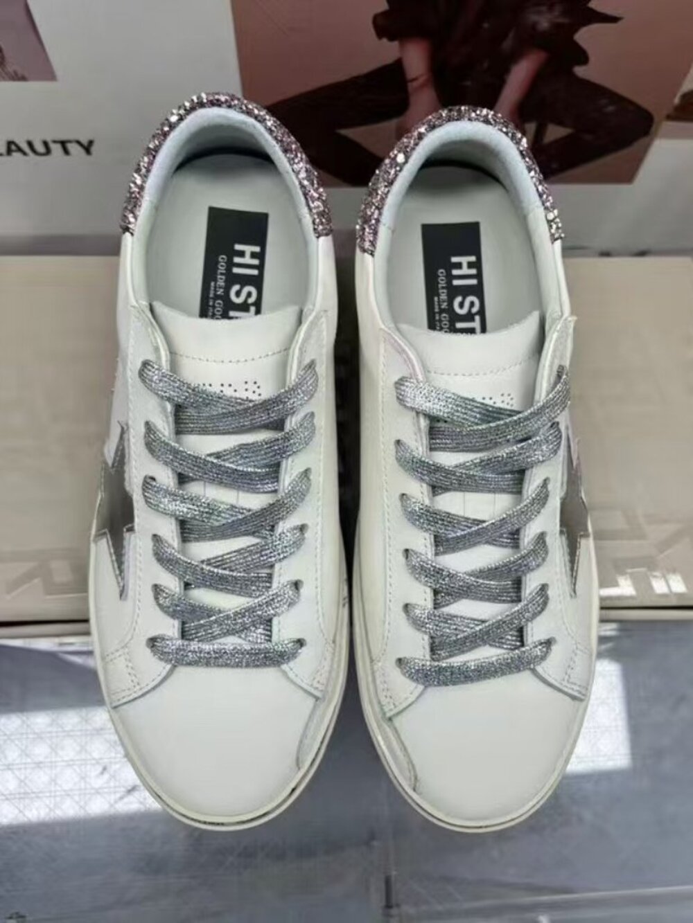 Golden Goose White Sneakers with Silver Glitter Heel - Picture 3 of 5